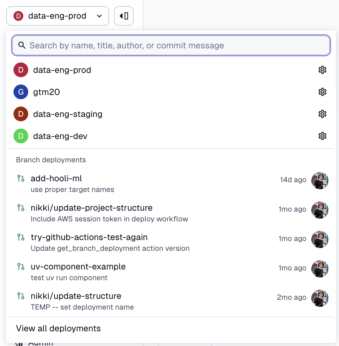 The deployment switcher in Dagster+